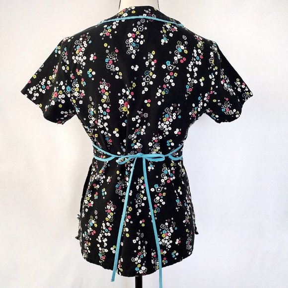 Cherokee Studio Black Floral Back Tie Scrub Top - Picture 7 of 14